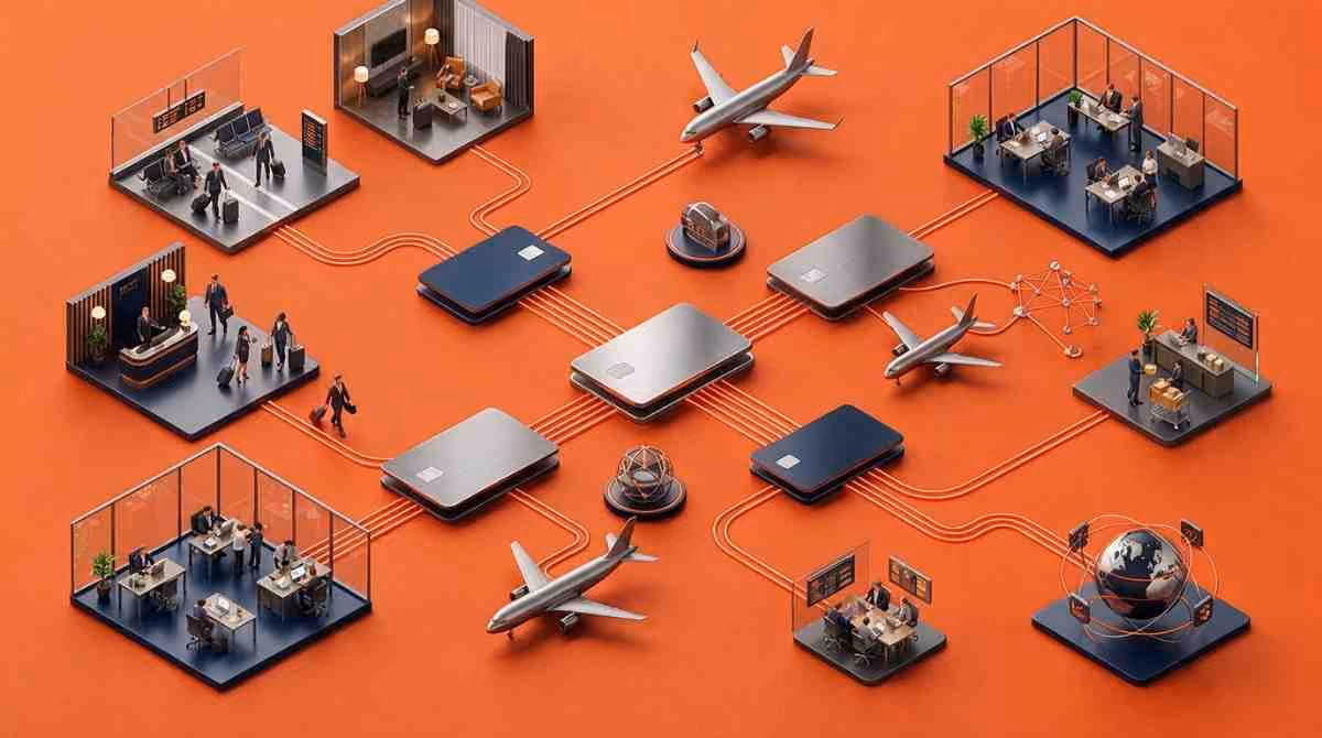 Isometric illustration of payment cards linking airport, hotel and office scenes