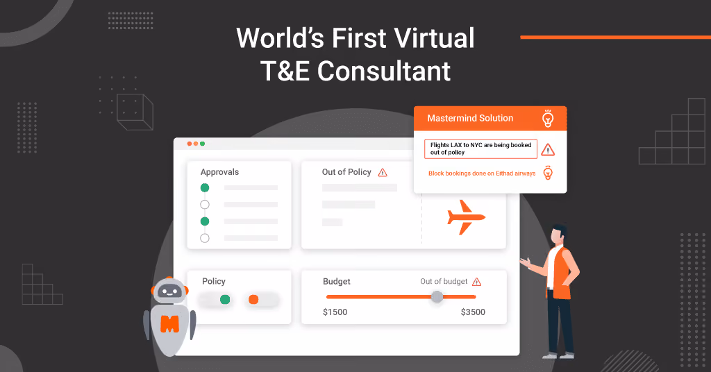 World's first virtual T&E consultant title card showing the Mastermind dashboard and robot mascot