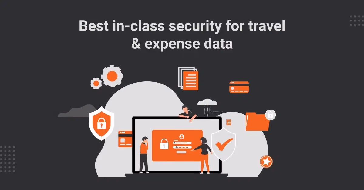 Illustration titled Best in-class security for travel and expense data, with a locked screen and shield checkmark