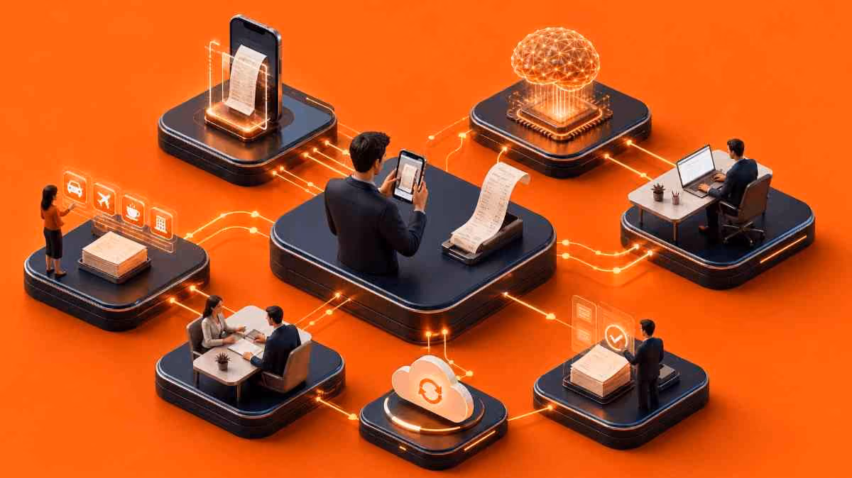 Illustration of a business traveler scanning receipts with connected AI, cloud sync and approval icons