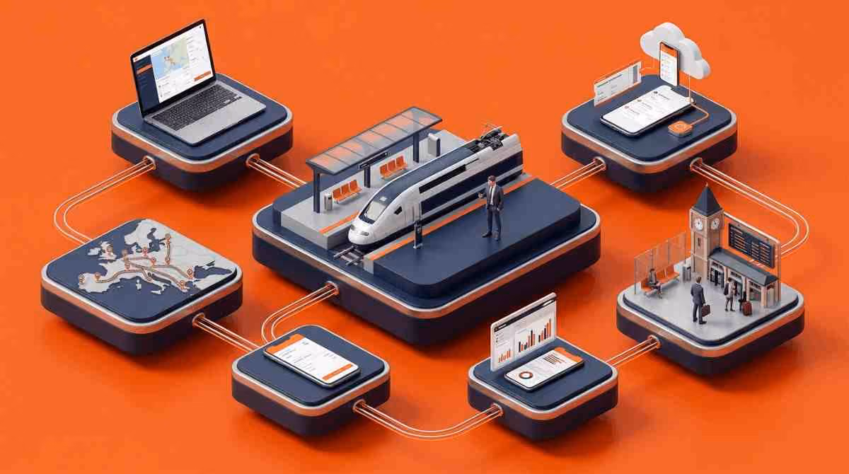Isometric illustration of a train platform linked to laptop and mobile itinerary screens across a European map