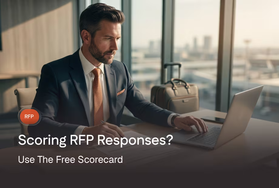 'RFP Evaluation Tips' title card with a laptop showing an RFP checklist and travel icons