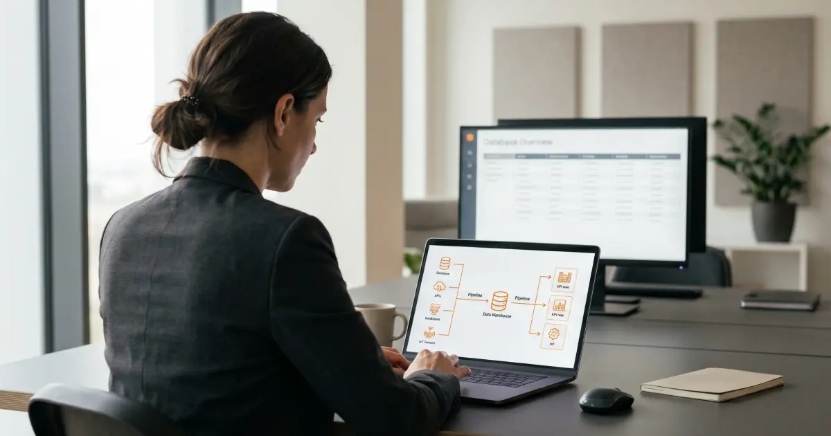 Mittelständische Geschäftsführerin arbeitet an der Datenstrategie für KI-Projekt ihres Unternehmens