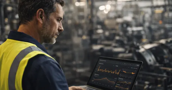 Mittelstands-Mitarbeiter in industriellem Werk führt Predictive Maintenance Check durch