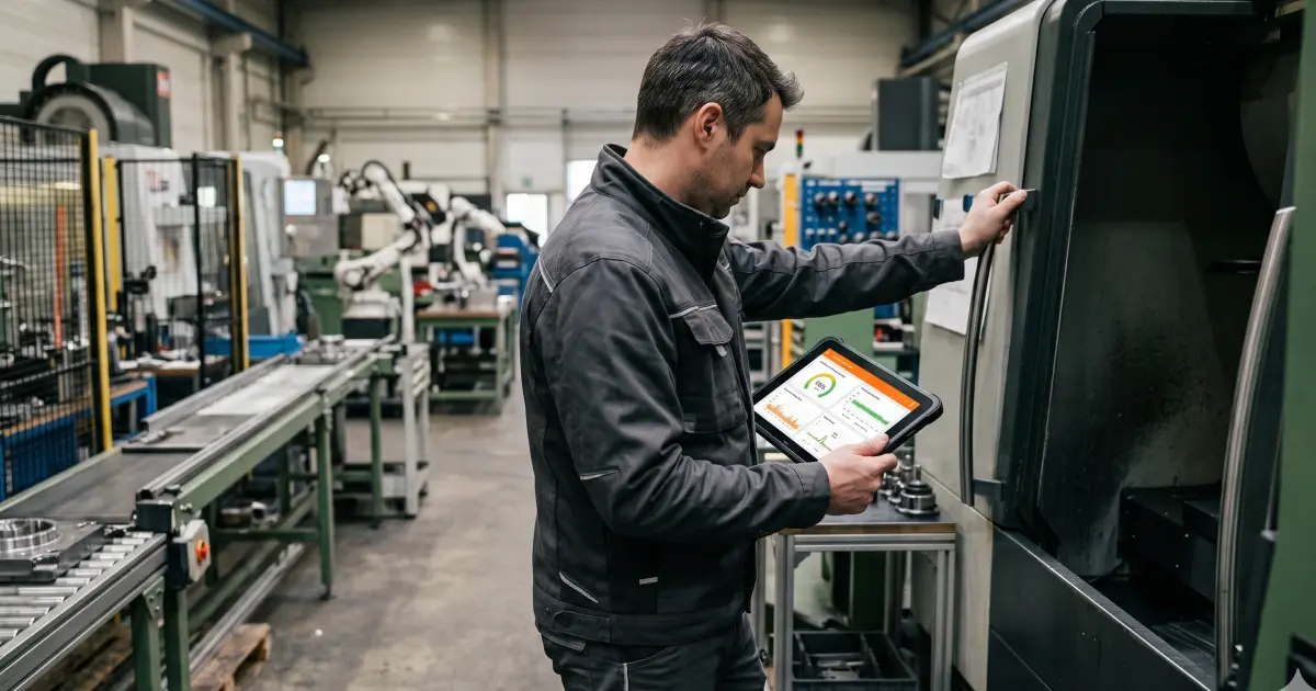 Industrie Mitarbeiter bedient Maschinen mit Hilfe von Preventive und Predictive Maintenance