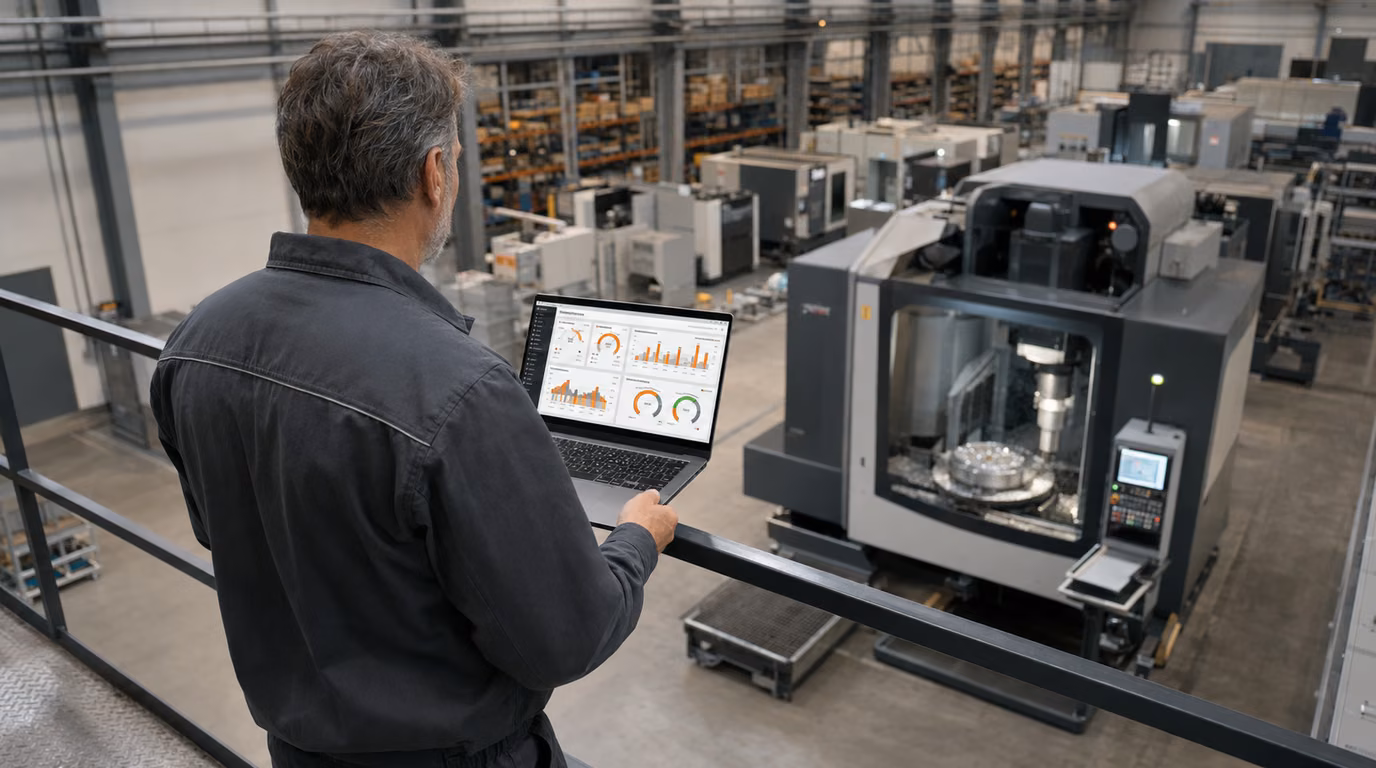 Werksleiter von hinten auf dem Steg einer Maschinenhalle, Laptop mit orangefarbenem Produktions-Dashboard, Bearbeitungszentrum im Hintergrund