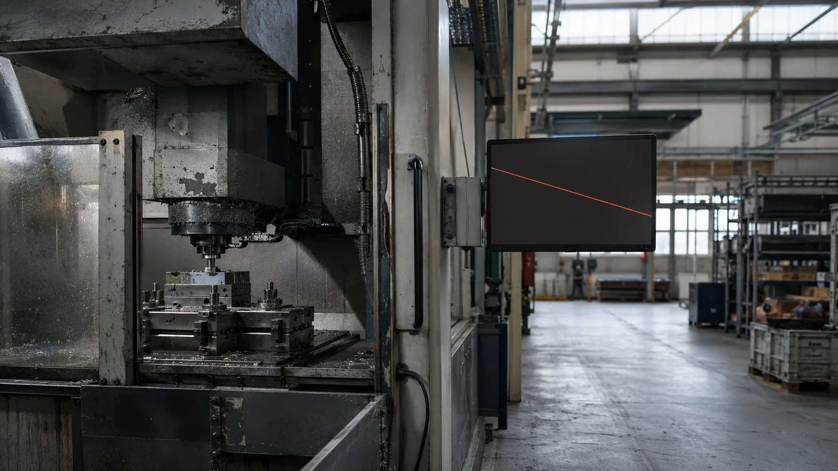 Blick in eine Werkhalle: im Vordergrund eine Bearbeitungsmaschine mit eingespanntem Bauteil, daneben ein Leitstandmonitor, auf dem eine orange Kurve von links nach rechts abfällt.