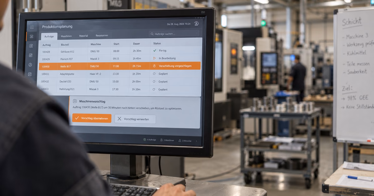 Fertigungsplaner an einem Terminal in der Produktionshalle. Auf dem Bildschirm ist eine vorgeschlagene Änderung der Auftragsreihenfolge orange hervorgehoben, die Hand liegt auf der Tastatur, ohne sie zu bestätigen.