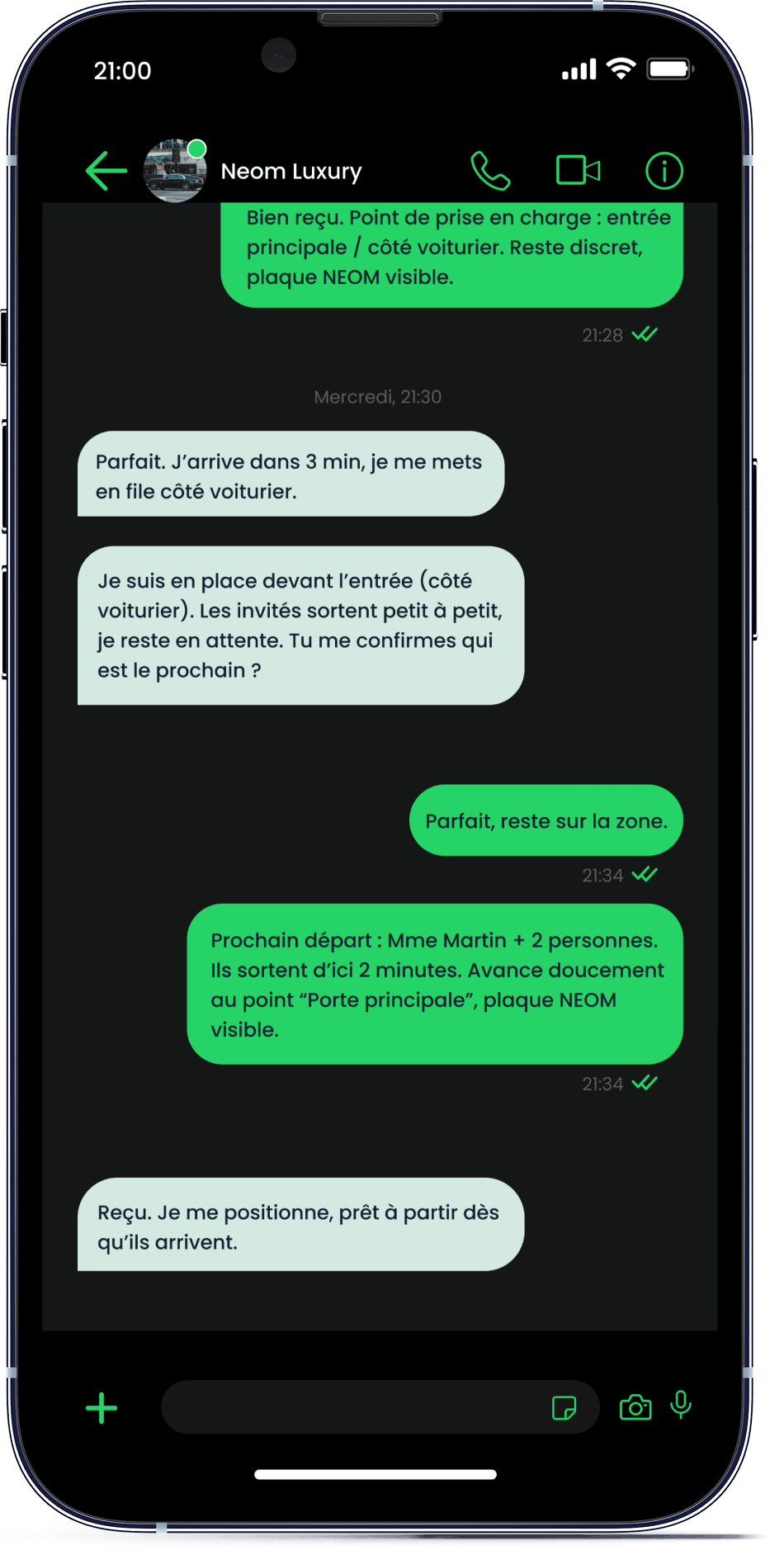 groupe WhatsApp de la conciergerie Neom Luxury qui coordonne les chauffeurs en direct