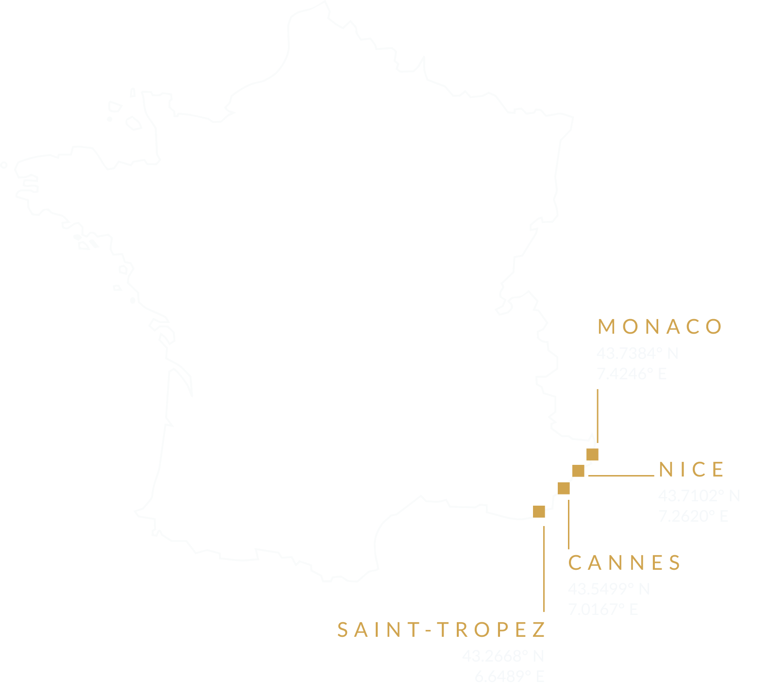 Couverture géographique de Neom Luxury sur carte de la France avec les localisations de Monaco, Nice, Cannes et Saint-Tropez