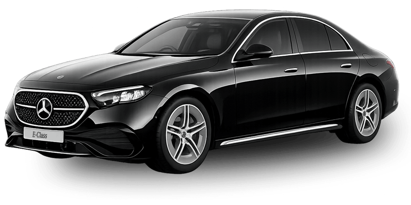 Voiture Mercedes-Benz Classe E noire vue de côté avec détails modernes et élégants.