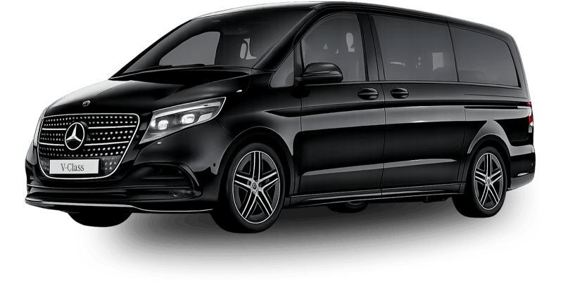 Van Mercedes-Benz V-Class noir élégant avec vitres teintées et roues en alliage.