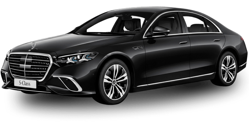 Voiture berline noire Mercedes Classe S vue de trois quarts avant droit.