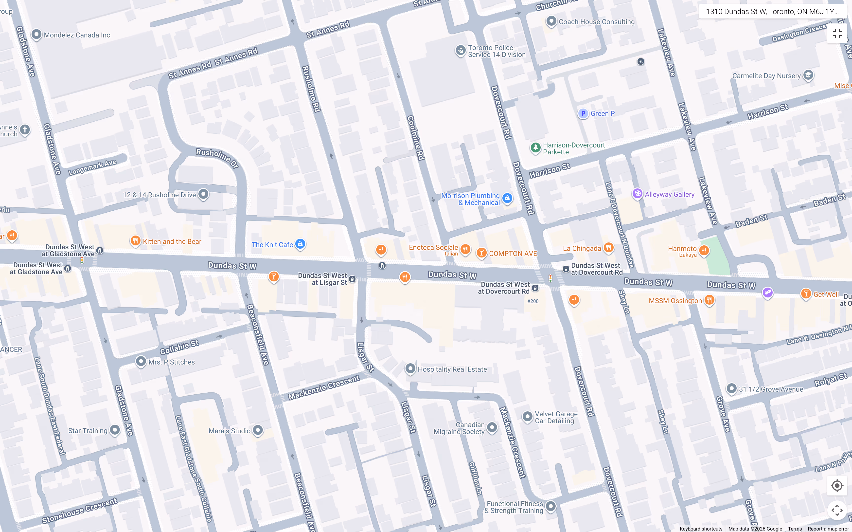 Map of a Toronto neighborhood showing streets including Dundas St W, Gladstone Ave, Dovercourt Rd, and nearby businesses and landmarks.