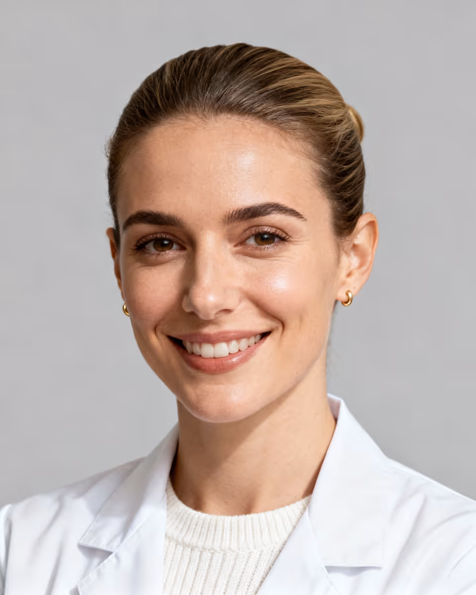 Smiling young woman with brown hair tied back, wearing a white sweater and lab coat with small gold hoop earrings.