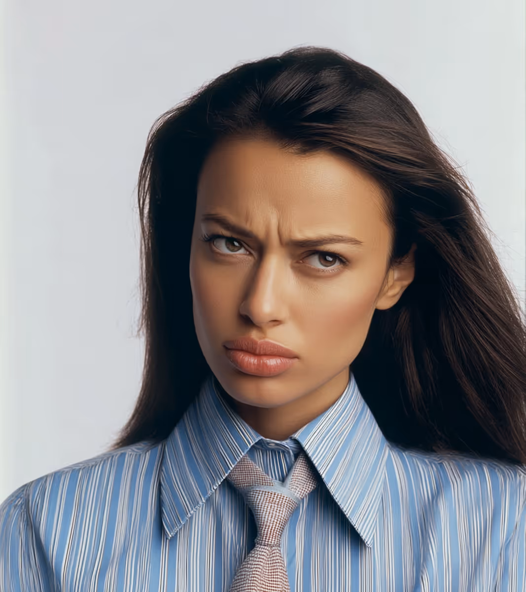 Woman with long dark hair wearing a striped blue shirt and tie, frowning with a concerned expression.