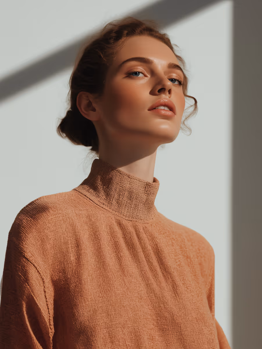 Portrait of a woman with fair skin and light blue eyes, wearing a textured high-neck orange sweater, with hair styled back and soft sunlight casting shadows behind her.
