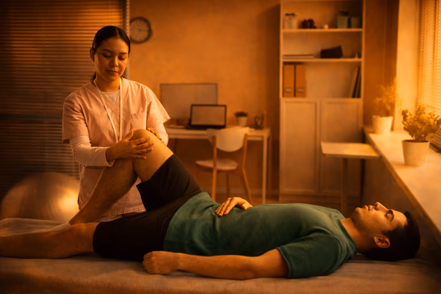 Physical therapist in pink scrubs assessing the bent knee of a man lying on a treatment table in a warmly lit clinic room.