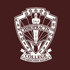 Shield emblem of Canadian Memorial Chiropractic College with a human figure, maple leaves, and the motto 'Vis Medicatrix Naturae'.