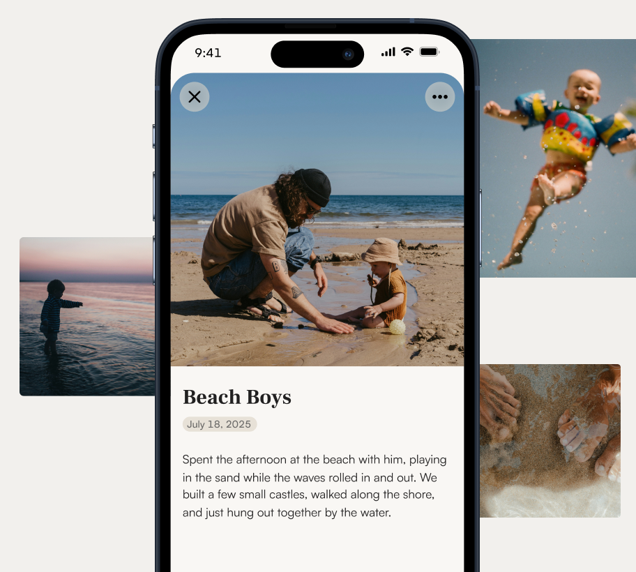 Two smartphones display the Oury app; the left screen shows a sunset kayak scene titled 'Days in Southeast Asia' with text and images, and the right screen shows a 'Bangkok' entry with text and multiple small travel photos.