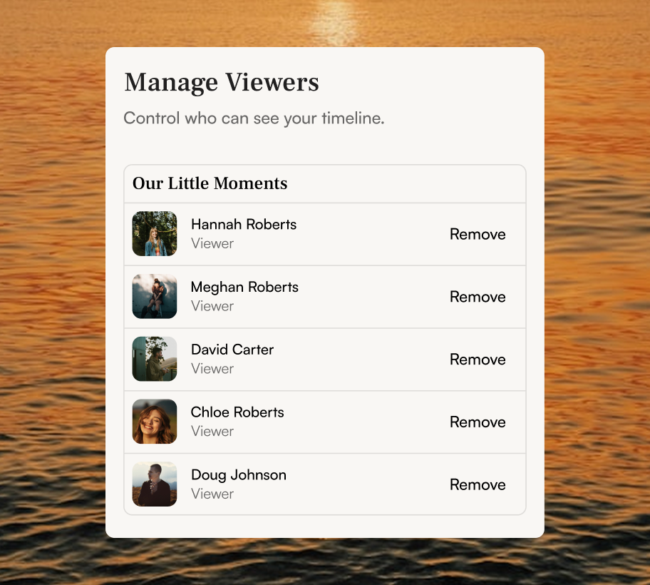 User interface to manage viewers showing a list of people with names and profile pictures, each with a Remove option.
