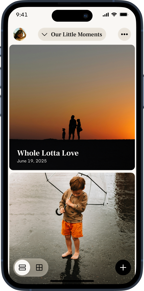 Smartphone screen displaying a photo album app with a sunset silhouette of two adults and a child, titled 'Whole Lotta Love' dated June 19, 2026, and a photo of a child in orange shorts playing barefoot on wet ground with a broken umbrella.