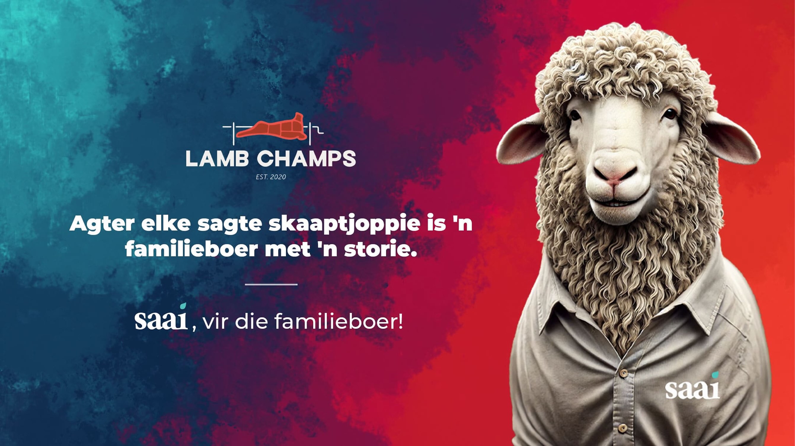 Advertising banner showing a sheep with human-like posture wearing a collared shirt, with text about lamb chops and family farmers alongside the Lamb Champs and Saai logos.