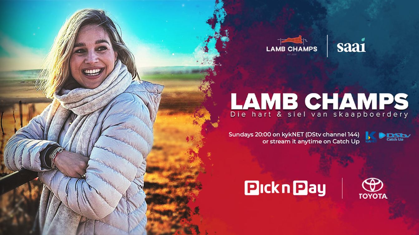 Smiling woman in a light jacket and scarf standing outdoors in farm setting with promotional text for Lamb Champs TV show airing Sundays 20:00 on kykNET channel 144 and available on Catch Up.