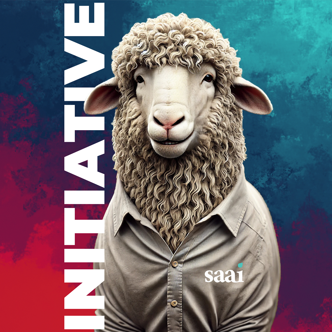 Anthropomorphic sheep with curly wool wearing a gray buttoned shirt with saai logo, against a colorful blue and red background, with the word INITIATIVE in bold white vertical text.