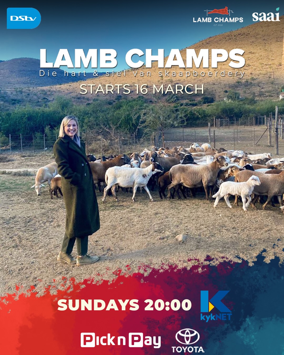 Woman standing in field with a flock of sheep and hills in the background, advertising the TV show Lamb Champs starting 16 March on kykNET at 20:00 Sundays.