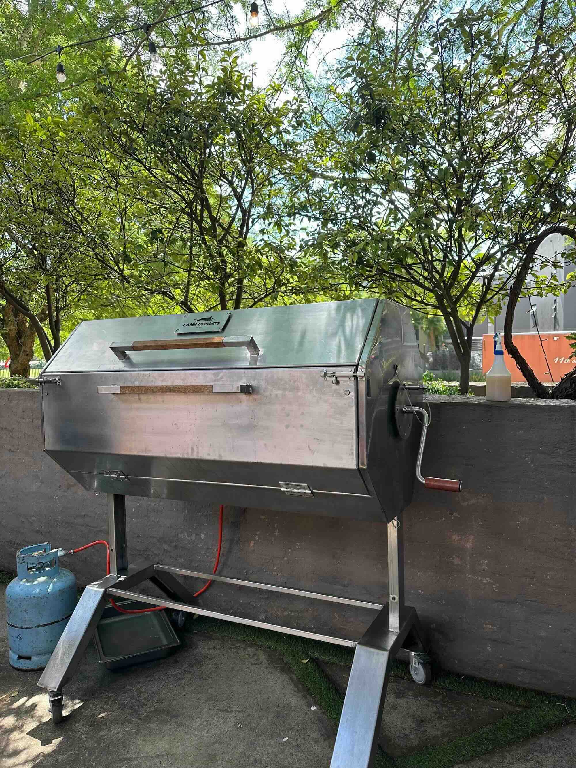 Stainless steel outdoor grill with a handle, crank, gas tank, and trees in the background.