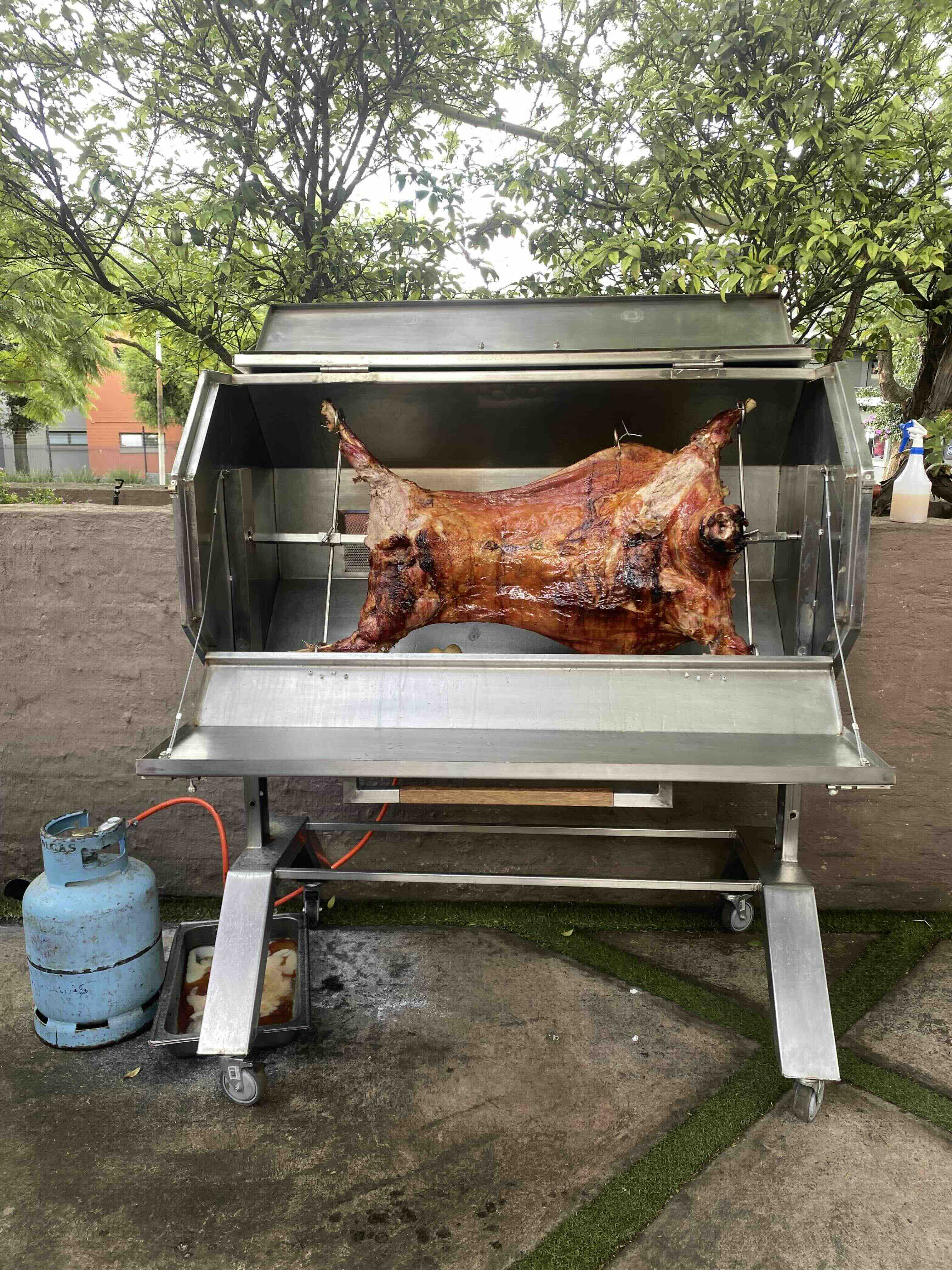 Whole animal roasting on a spit inside a stainless steel rotisserie grill outdoors.