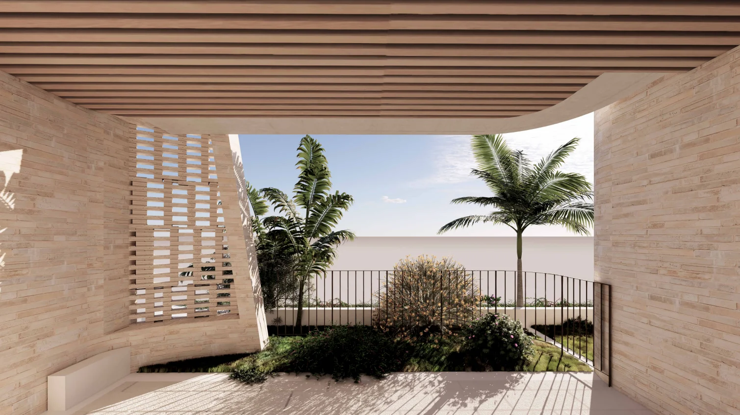 Modern outdoor patio with wooden slatted ceiling, beige brick walls, and landscaped garden with palm trees and shrubs.