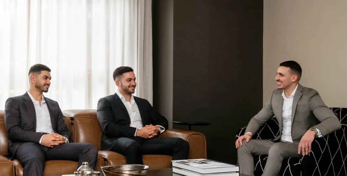 Three men in business suits sitting and smiling in a modern office lounge.