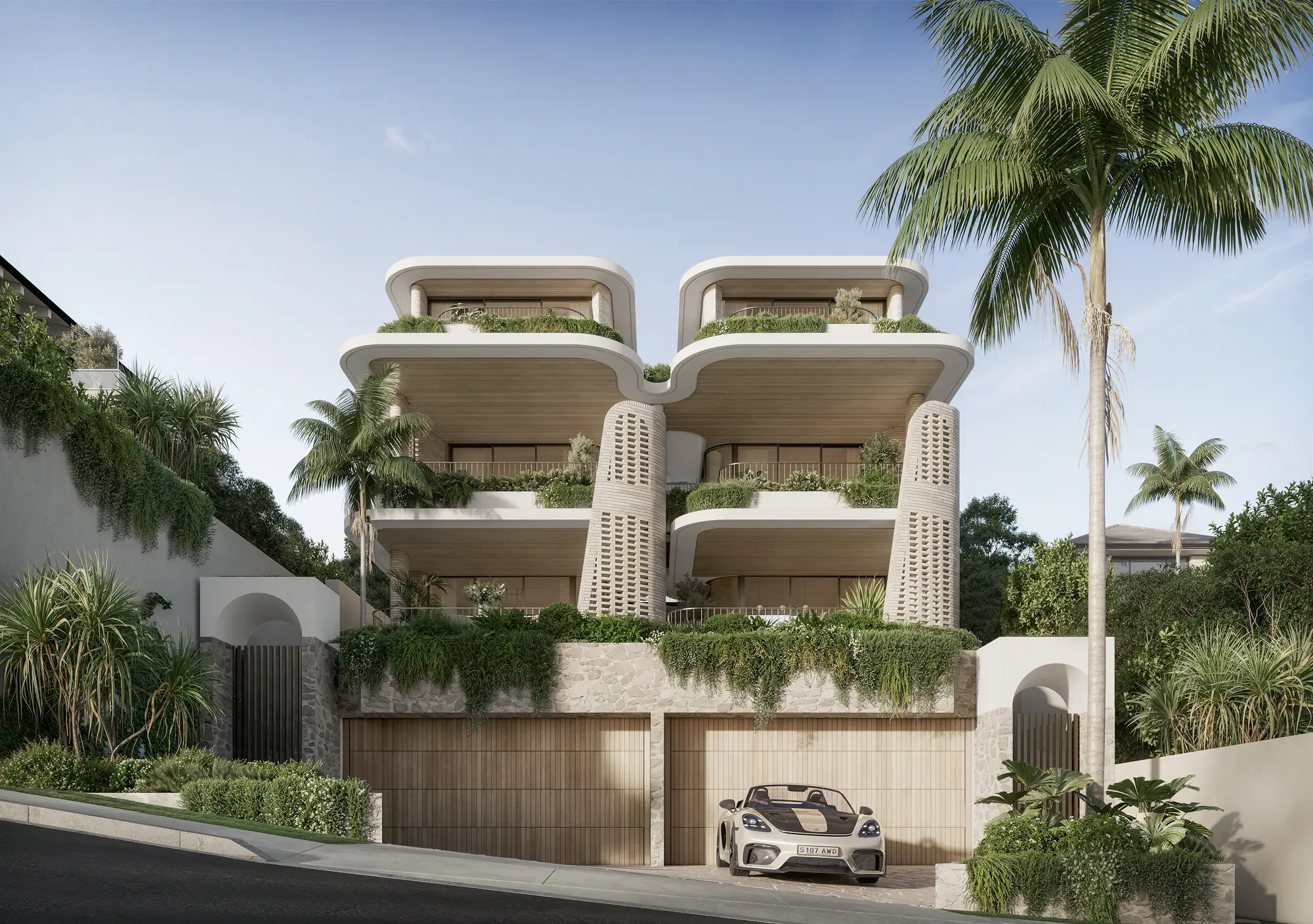 Modern multi-story house with curved balconies, wooden accents, abundant greenery, and a white sports car parked in front of wooden garage doors.