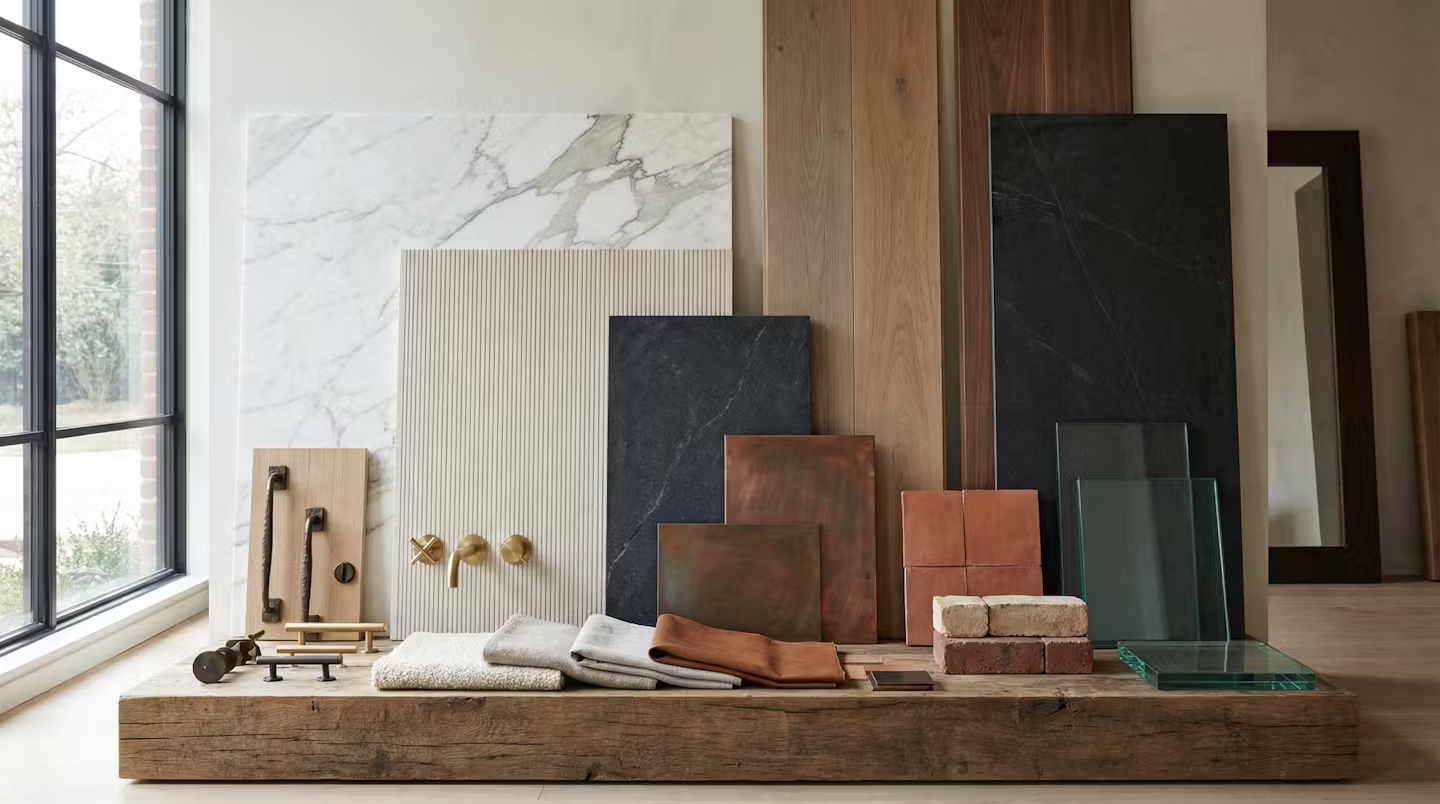 Assortment of building materials including marble slabs, wood panels, black and copper tiles, glass sheets, bricks, metal handles, and folded fabrics arranged on a wooden platform by a window.