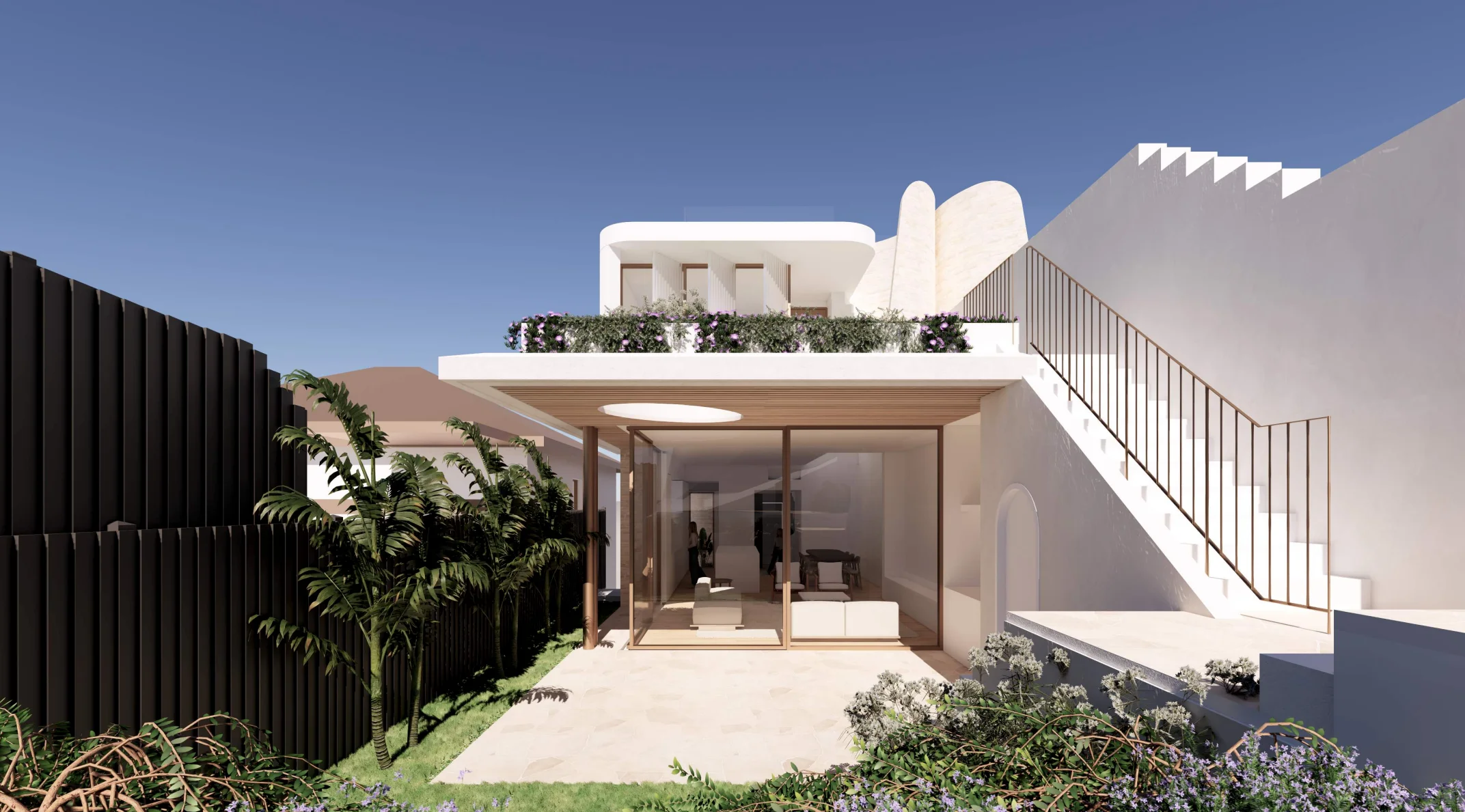 Modern two-story house with large glass sliding doors, a rooftop garden, exterior staircase, and surrounding greenery under a clear blue sky.