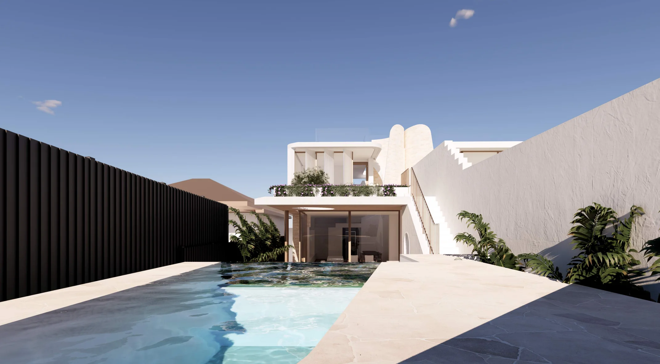 Modern white two-story house with large glass doors, a staircase on the right, and a long swimming pool in the foreground.