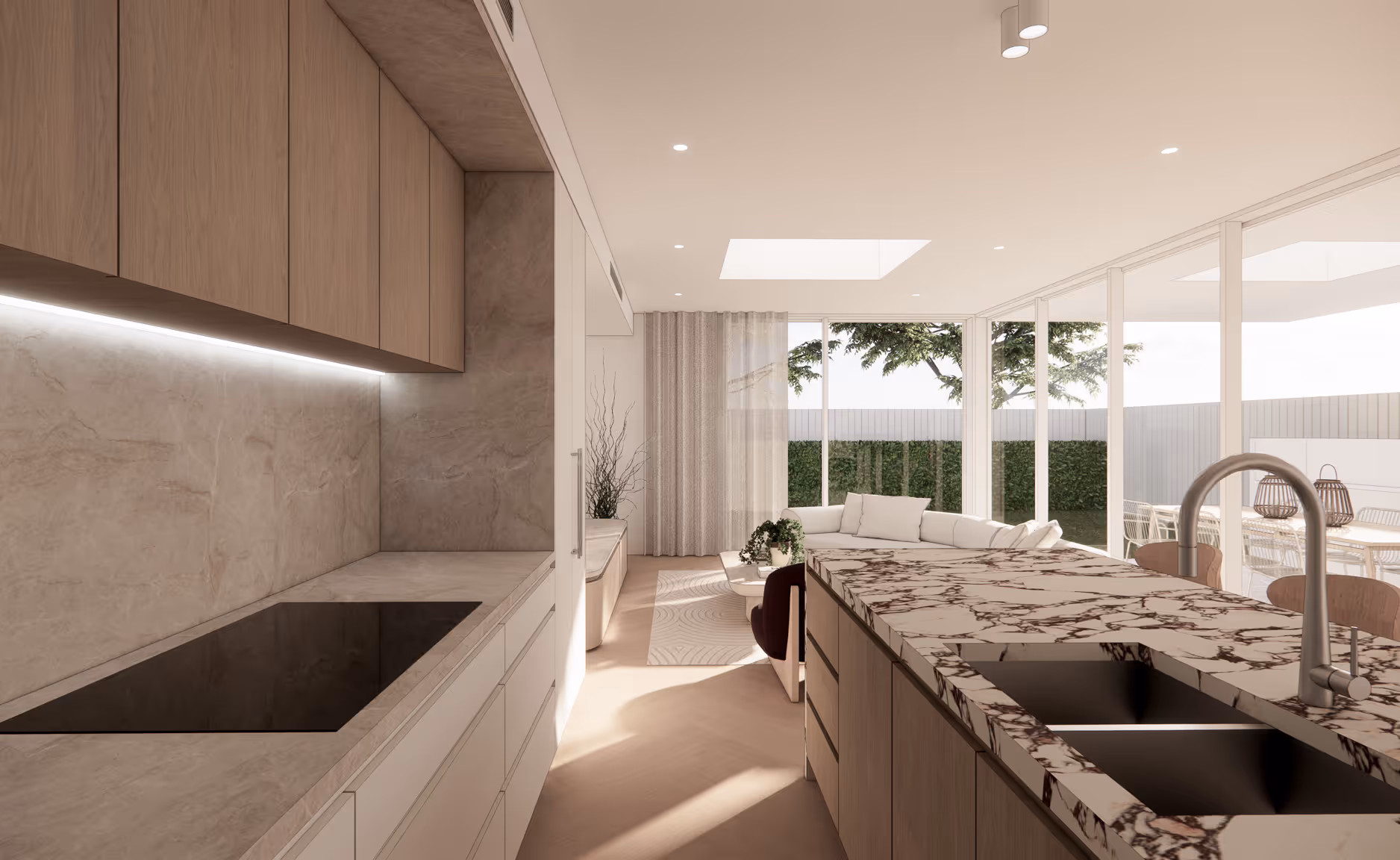 Modern house patio with glass railing, outdoor dining set, and illuminated swimming pool at dusk.