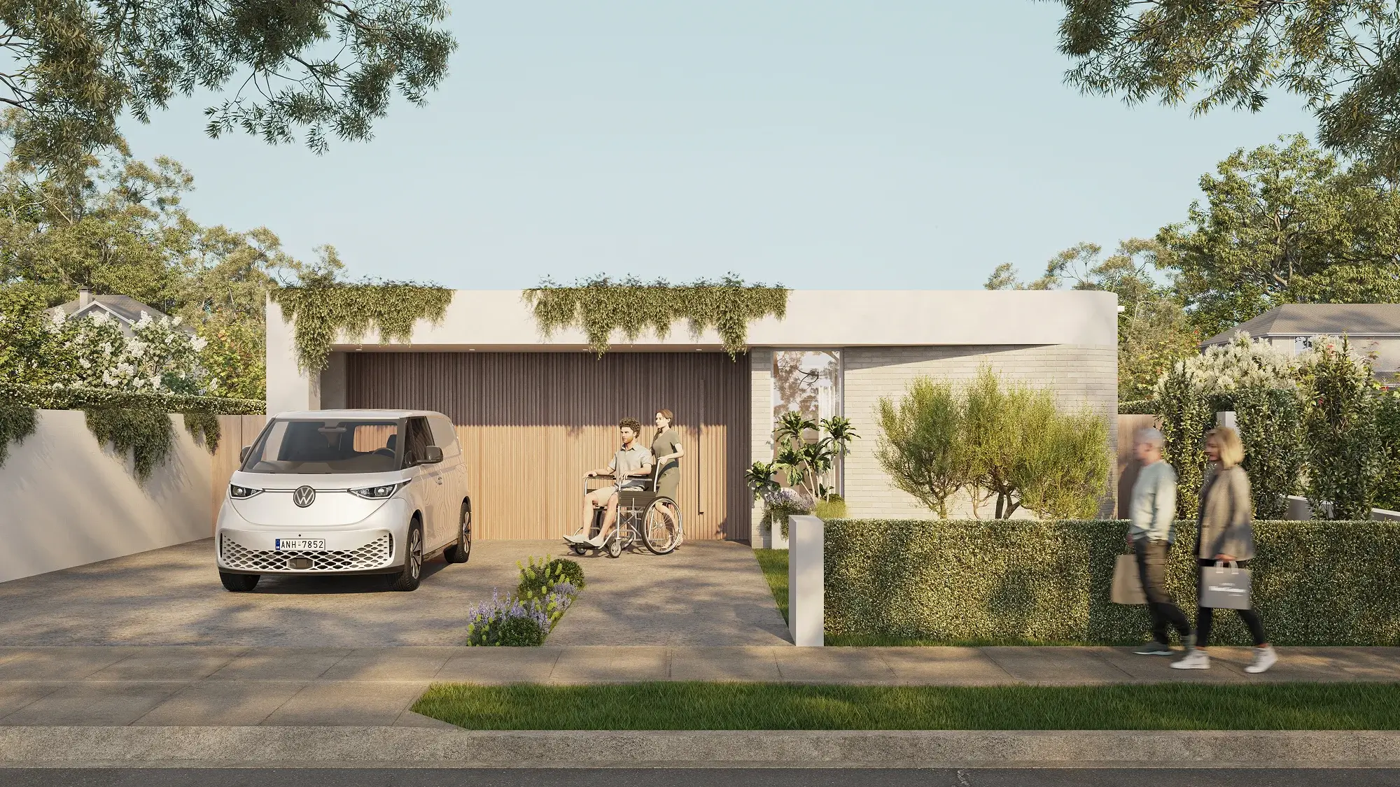 Modern duplex with white brick exterior, illuminated steps, and balconies with plants labeled 50A and 50B.