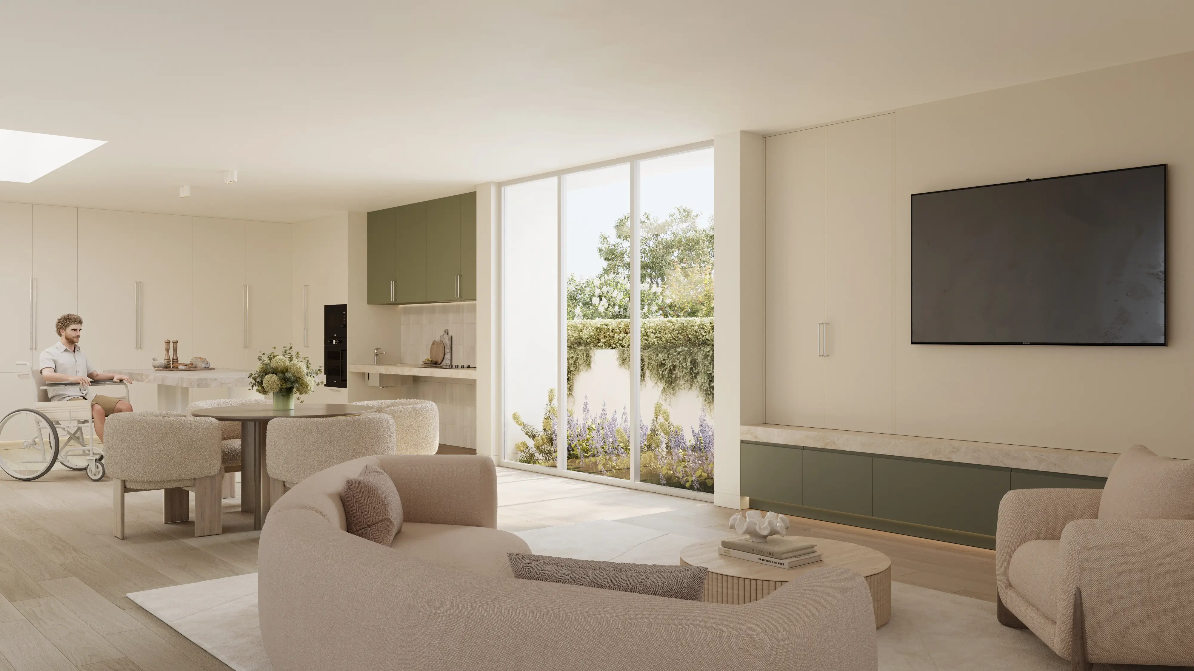 Modern single-story house with a white exterior, green front door, white picket fence, and a car parked under a carport, surrounded by trees and greenery.