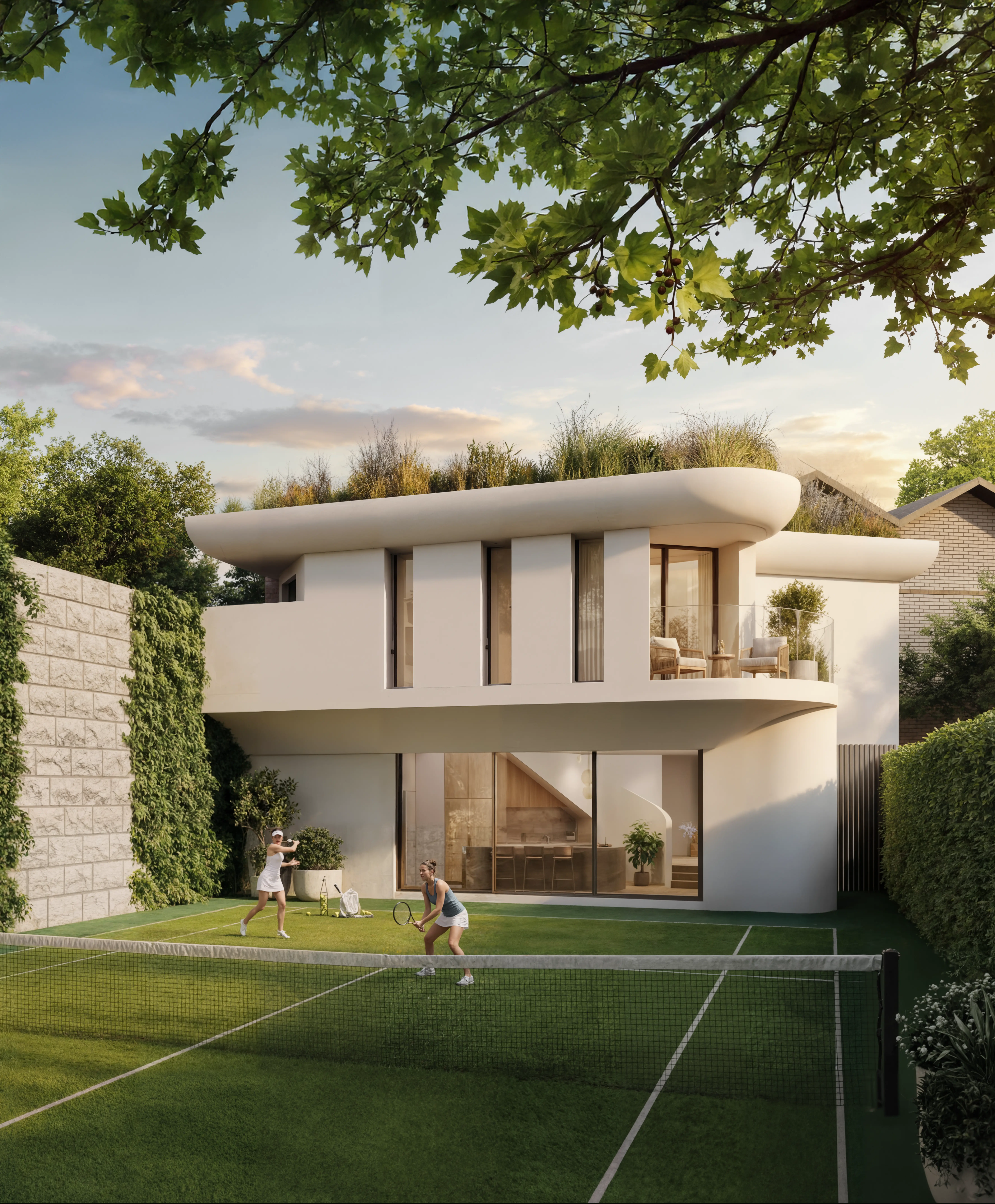 Modern duplex with white brick exterior, illuminated steps, and balconies with plants labeled 50A and 50B.