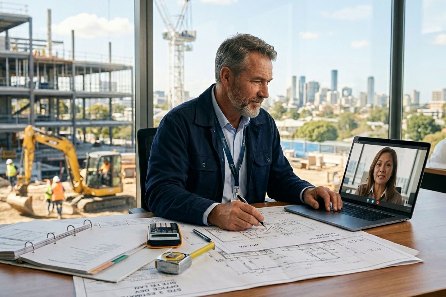 Australia reviewing detailed building estimates and blueprints while collaborating with a remote offshore estimator