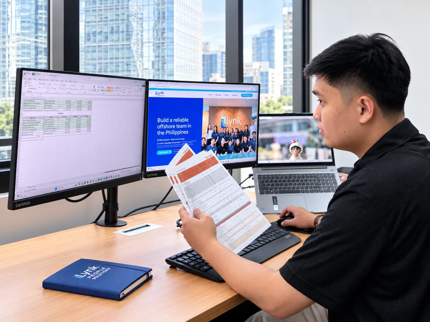 Team member reviewing paperwork at a dual-monitor workstation in Lynk’s Manila office.