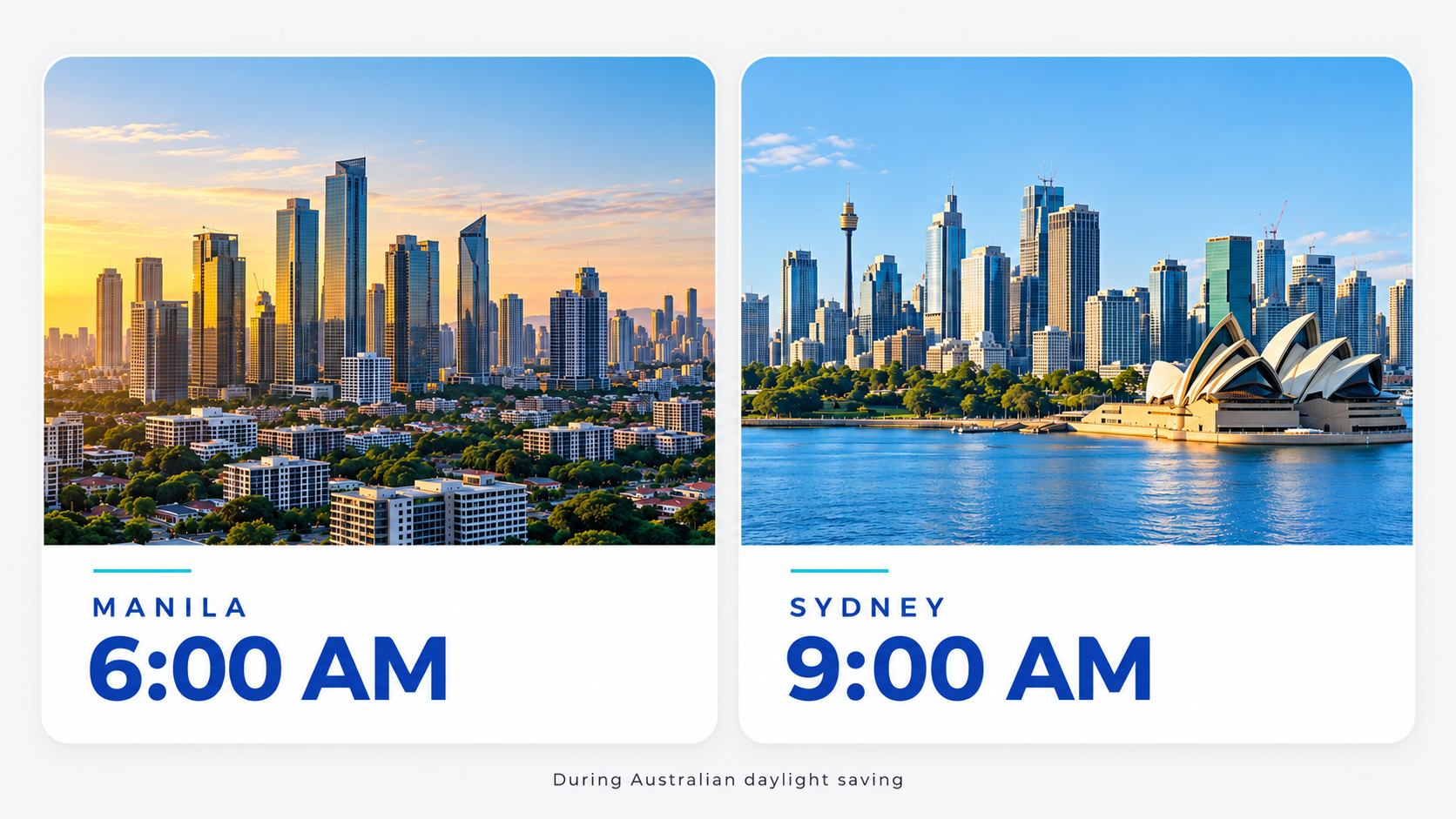 Compare Manila and Australian time zones, see what changes during daylight saving and plan working hours for your offshore team.