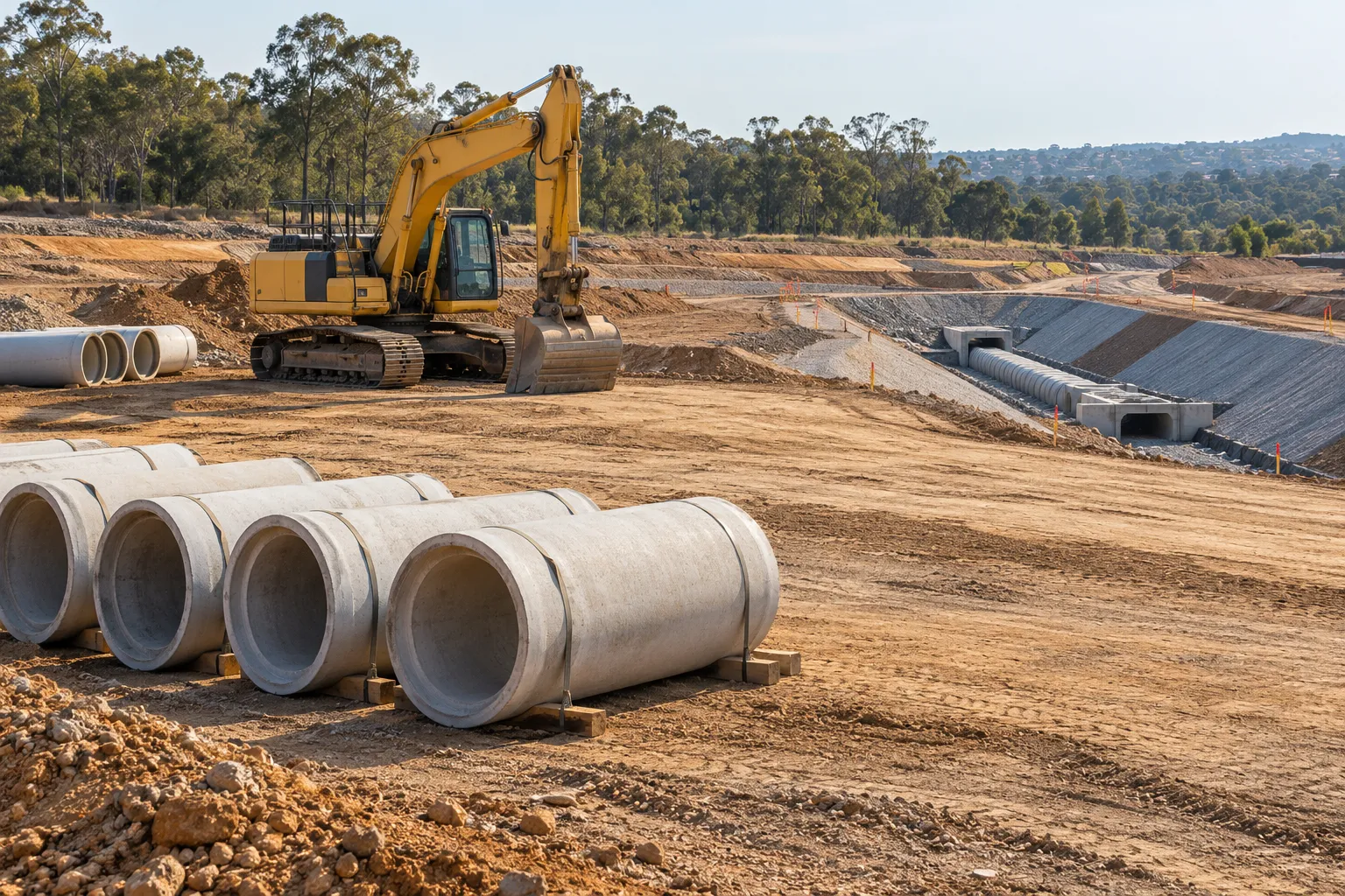 Illustration of an excavator, concrete stormwater pipes and earthworks on a civil construction site