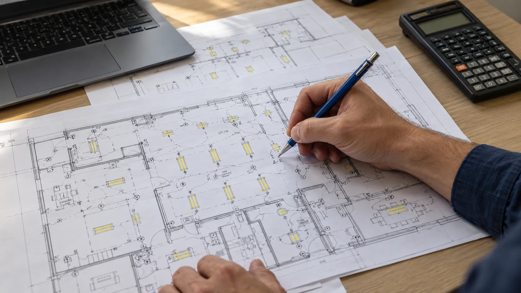 Electrical estimator marking up lighting plans beside a laptop and calculator.