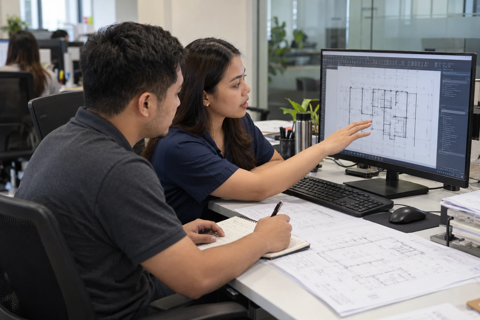 Two construction professionals reviewing drawings together at a workstation during onboarding.