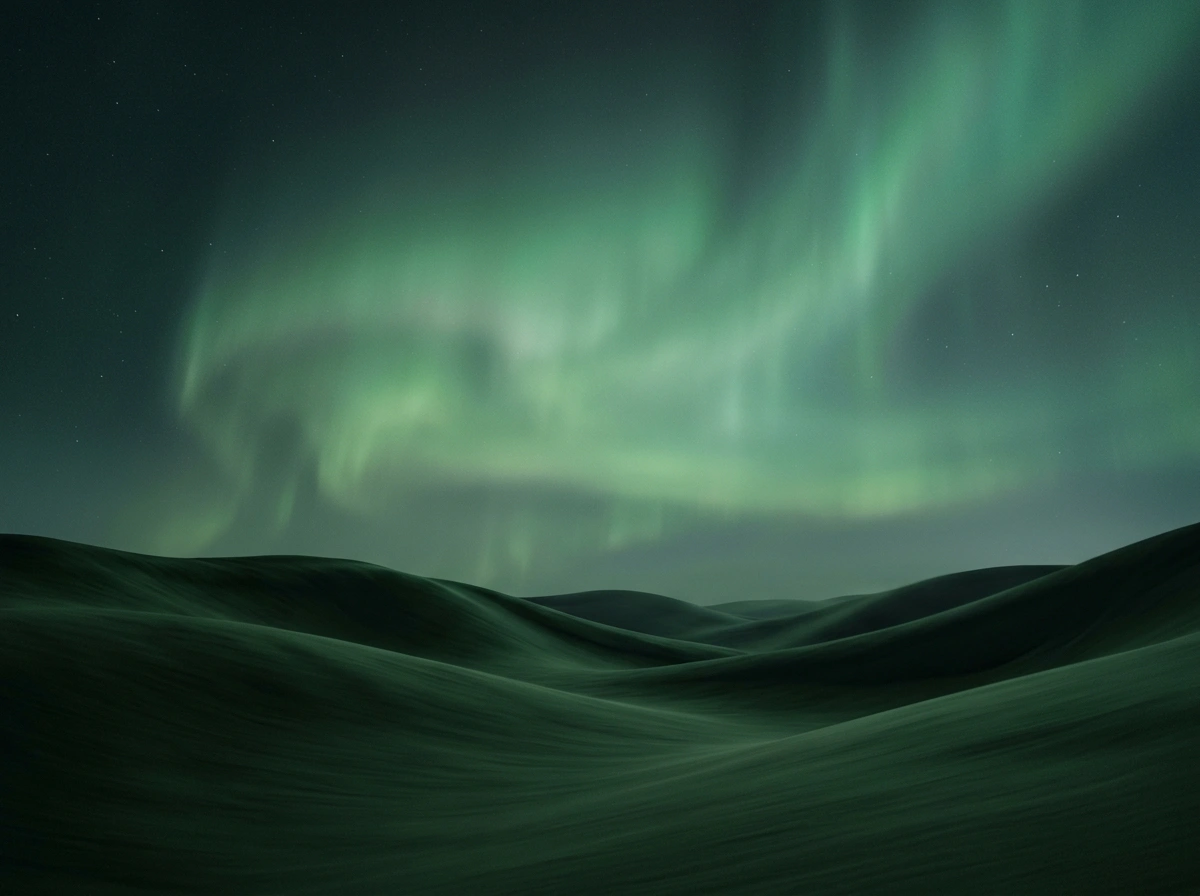 Green northern lights dancing above dark rolling hills under a starry night sky.
