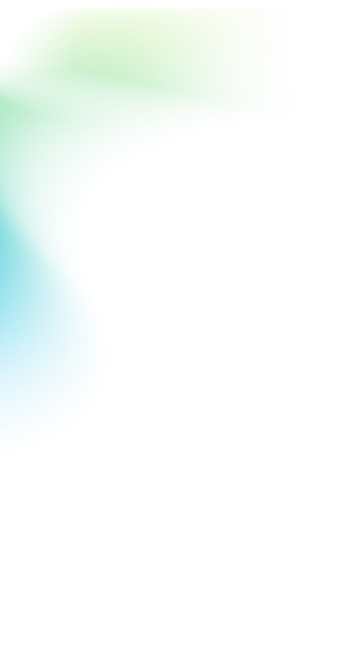 Abstract curved shape with gradient colors blending from light green to blue on a transparent background.